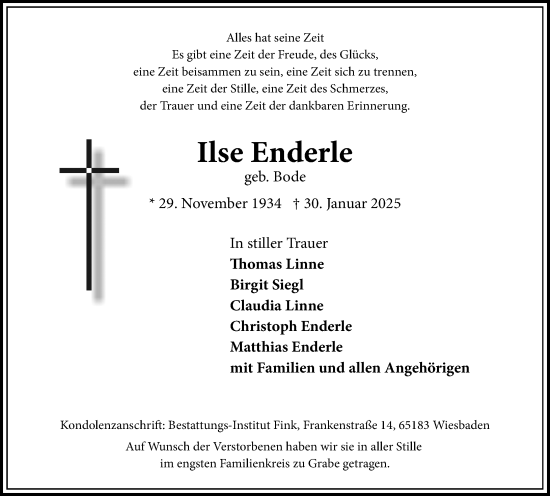 Traueranzeige von Ilse Enderle von Wiesbadener Kurier