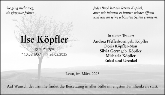 Traueranzeige von Ilse Köpfler von Wetzlarer Neue Zeitung