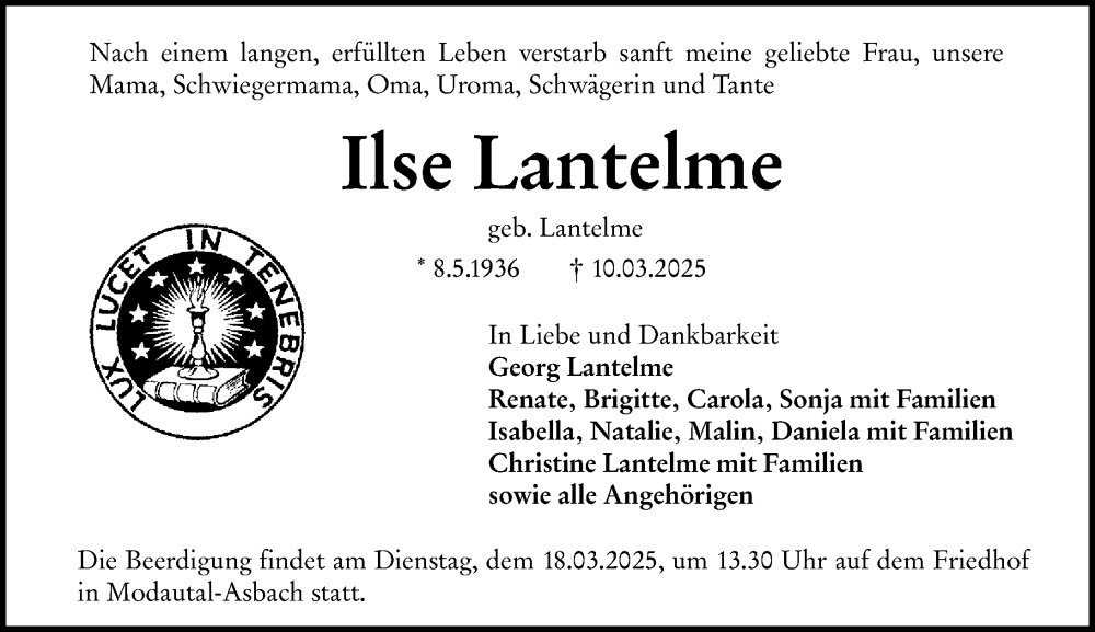  Traueranzeige für Ilse Lantelme vom 15.03.2025 aus Darmstädter Echo