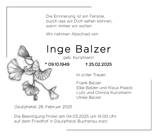 Traueranzeige von Inge Balzer von Hinterländer Anzeiger