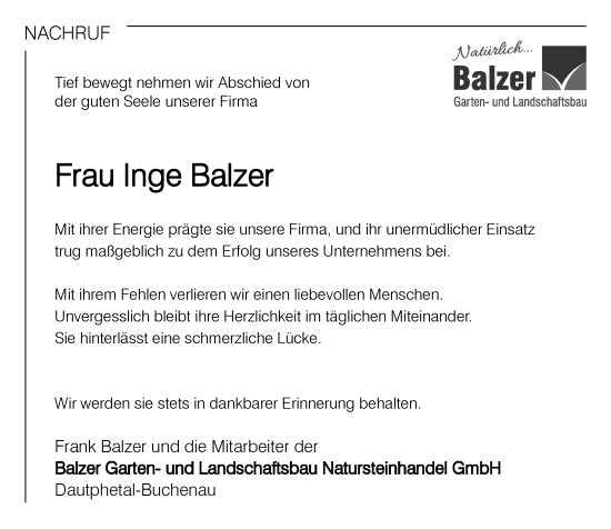 Traueranzeige von Inge Balzer von Hinterländer Anzeiger