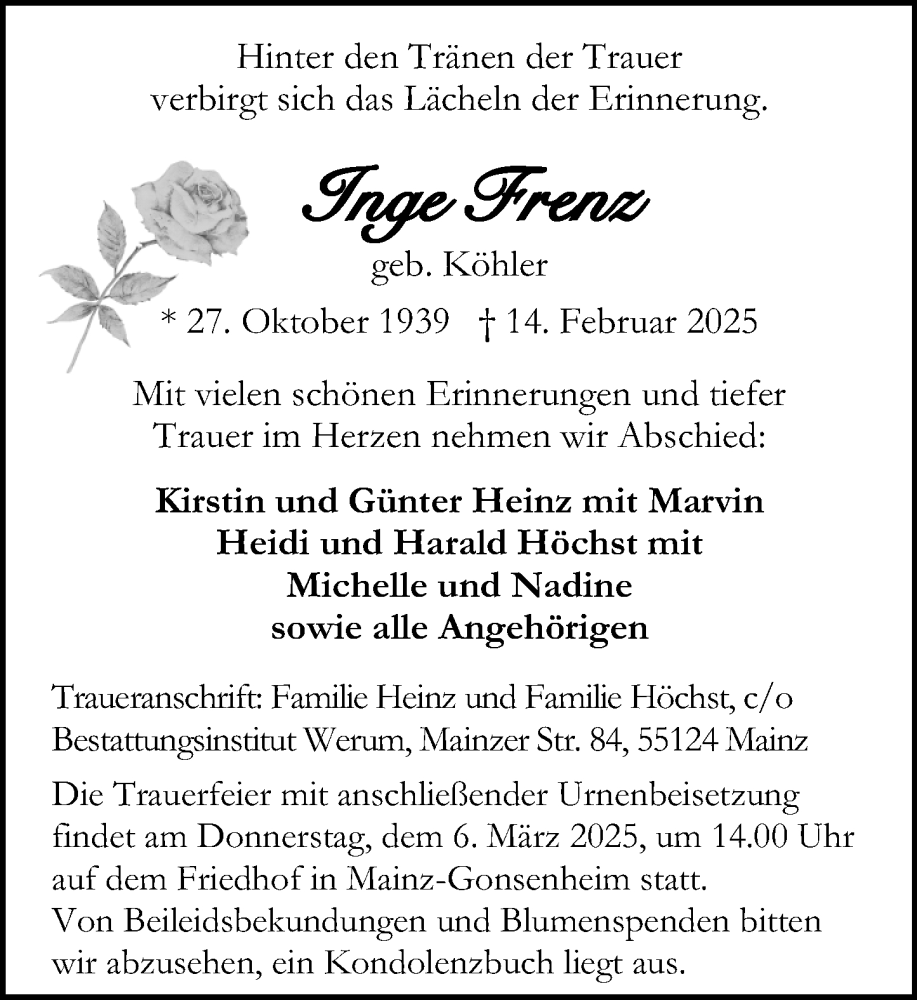  Traueranzeige für Inge Frenz vom 01.03.2025 aus Allgemeine Zeitung Mainz