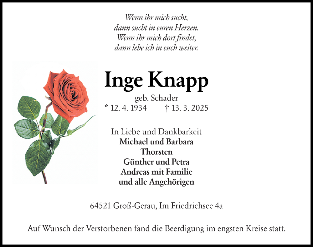  Traueranzeige für Inge Knapp vom 22.03.2025 aus Groß-Gerauer Echo