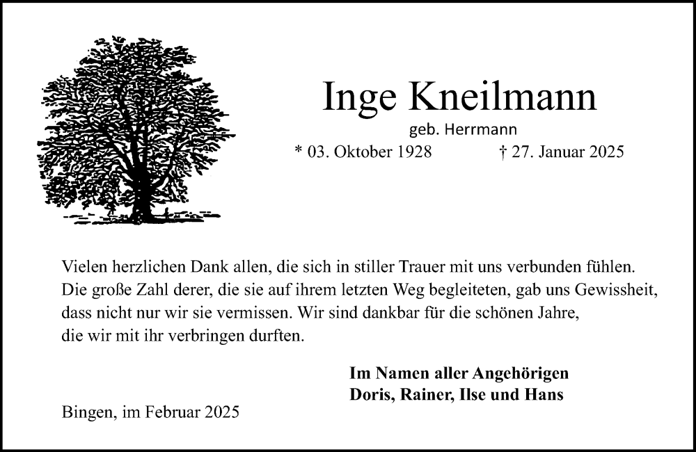  Traueranzeige für Inge Kneilmann vom 01.03.2025 aus Allgemeine Zeitung Rheinhessen-Nahe