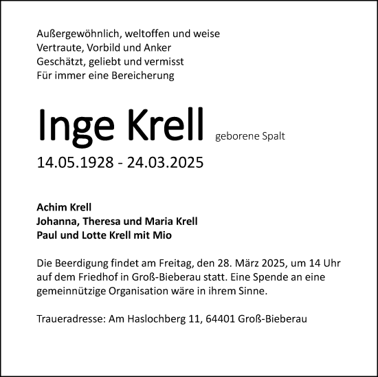 Traueranzeige von Inge Krell von Odenwälder Echo