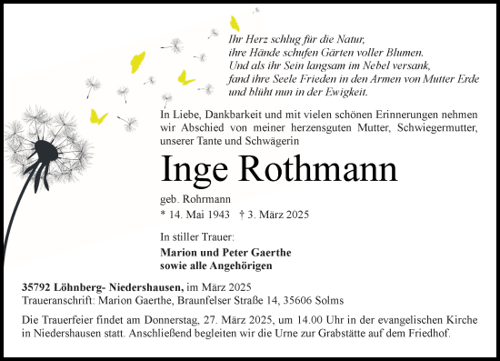 Traueranzeige von Inge Rothmann von Weilburger Tageblatt