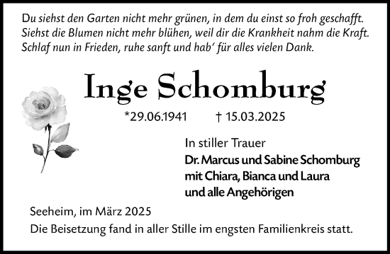 Traueranzeige von Inge Schomburg von Darmstädter Echo