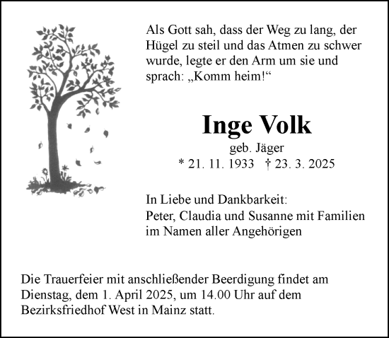 Traueranzeige von Inge Volk von Allgemeine Zeitung Mainz