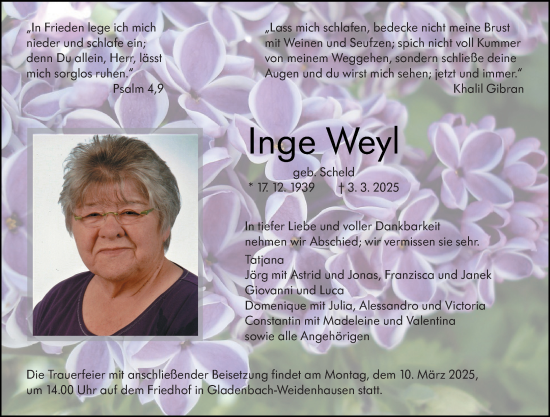Traueranzeige von Inge Weyl von Hinterländer Anzeiger