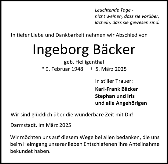 Traueranzeige von Ingeborg Bäcker von Darmstädter Echo
