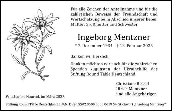 Traueranzeige von Ingeborg Mentzner von Wiesbadener Kurier