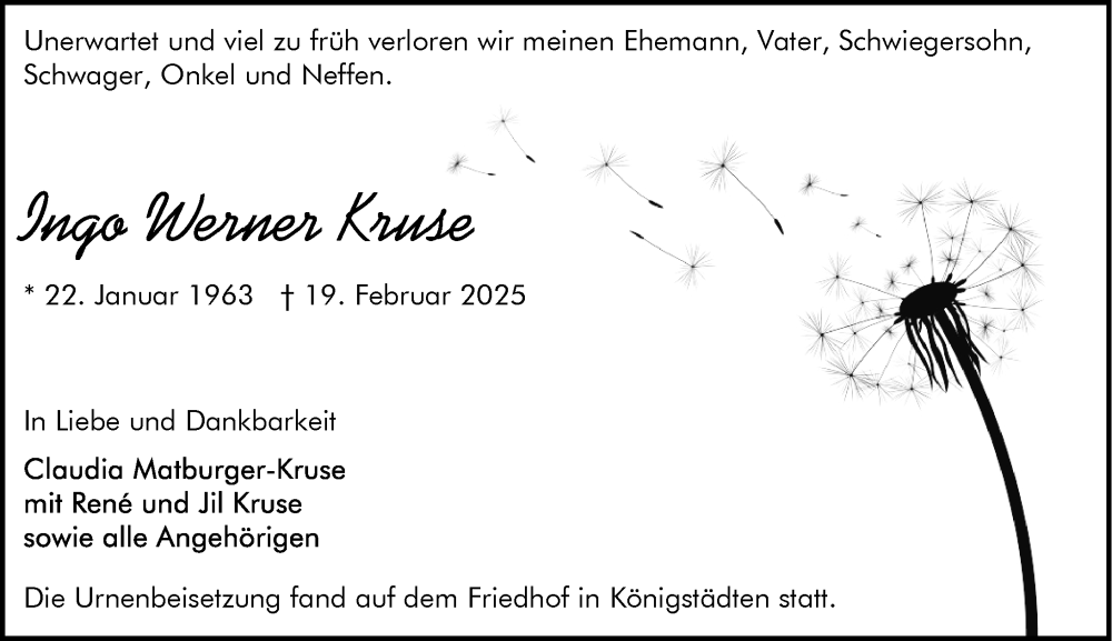  Traueranzeige für Inge Werner Kruse vom 22.03.2025 aus Rüsselsheimer Echo