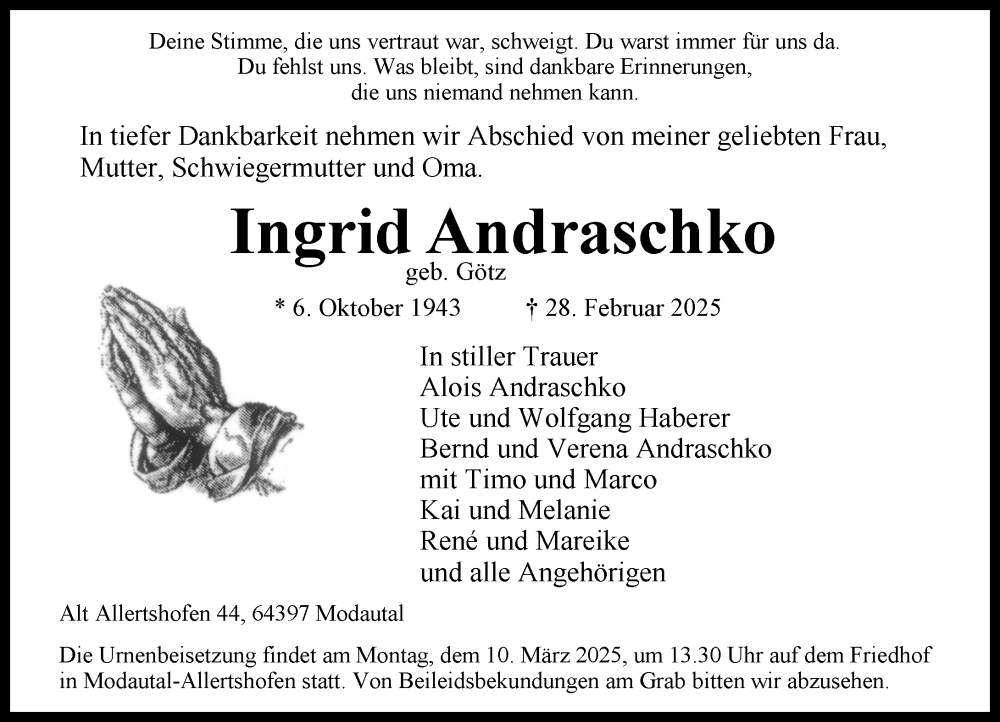  Traueranzeige für Ingrid Andraschko vom 08.03.2025 aus Darmstädter Echo