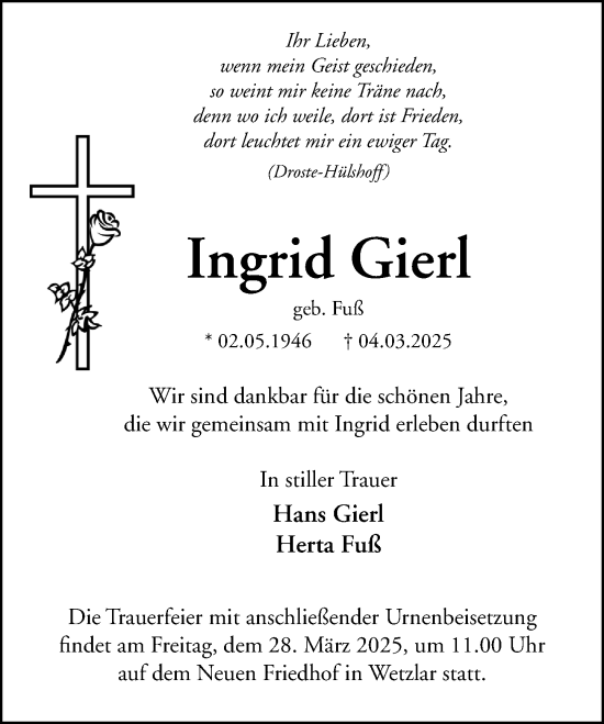 Traueranzeige von Ingrid Gierl von Wetzlarer Neue Zeitung