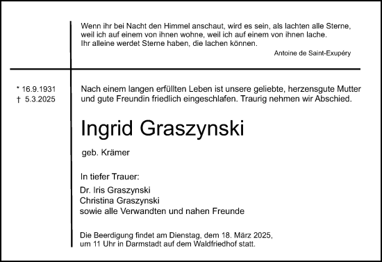 Traueranzeige von Ingrid Graszynski von Darmstädter Echo