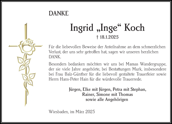 Traueranzeige von Ingrid Koch von Wiesbadener Kurier