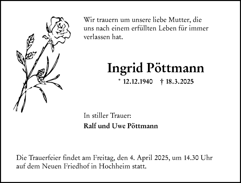  Traueranzeige für Ingrid Pöttmann vom 28.03.2025 aus Hochheimer Zeitung