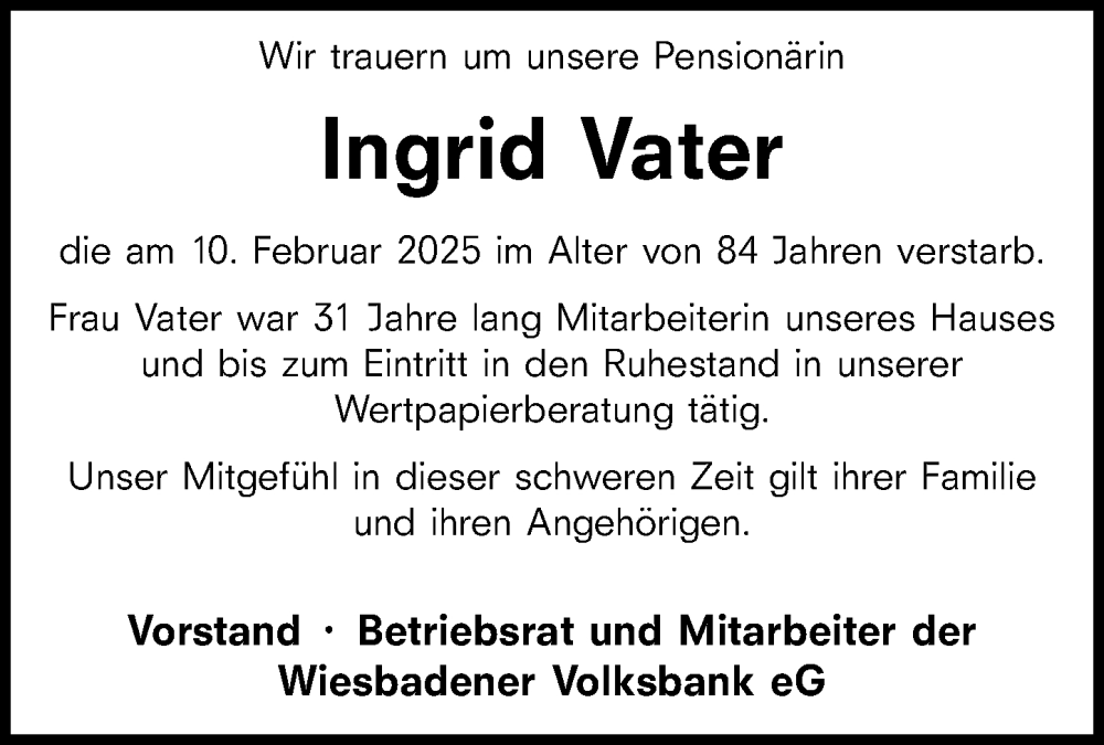  Traueranzeige für Ingrid Vater vom 01.03.2025 aus Wiesbadener Kurier
