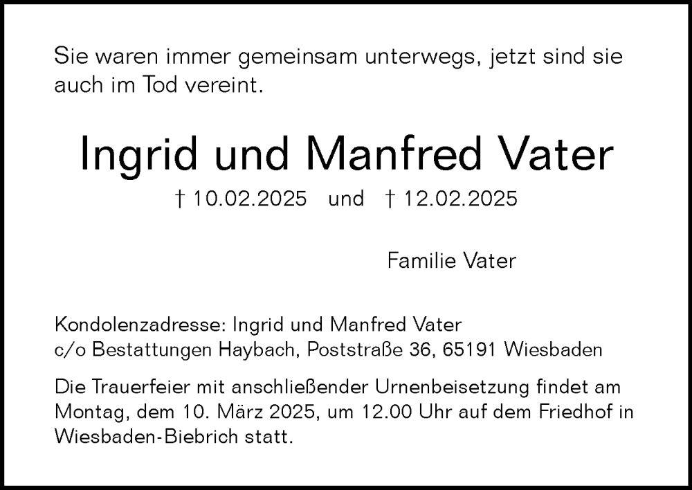  Traueranzeige für Ingrid Vater vom 01.03.2025 aus Wiesbadener Kurier