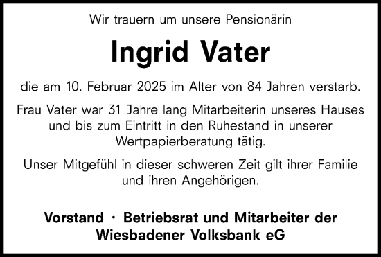 Traueranzeige von Ingrid Vater von Wiesbadener Kurier