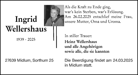 Traueranzeige von Ingrid Wellershaus von Allgemeine Zeitung Mainz