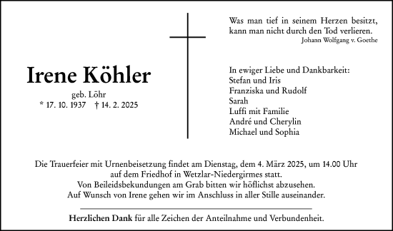 Traueranzeige von Irene Köhler von Wetzlarer Neue Zeitung