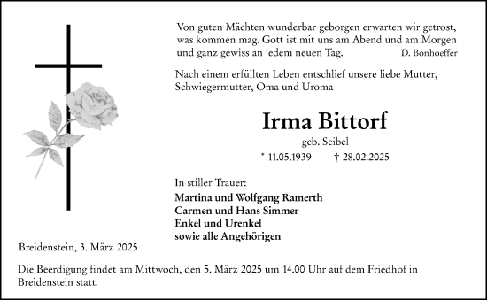Traueranzeige von Irma Bittorf von Hinterländer Anzeiger
