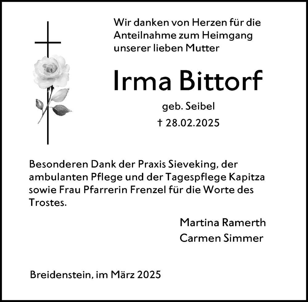  Traueranzeige für Irma Bittorf vom 29.03.2025 aus Hinterländer Anzeiger