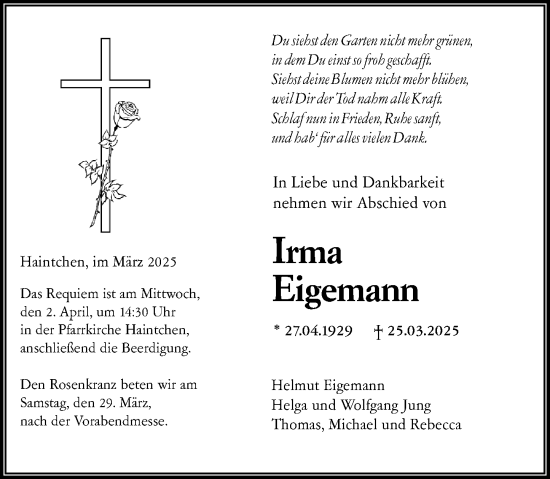 Traueranzeige von Irma Eigemann von Nassauische Neue Presse