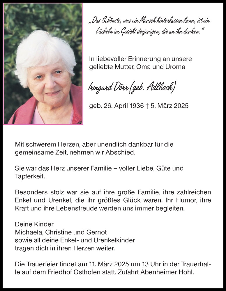  Traueranzeige für Irmgard Dörr vom 08.03.2025 aus Wormser Zeitung