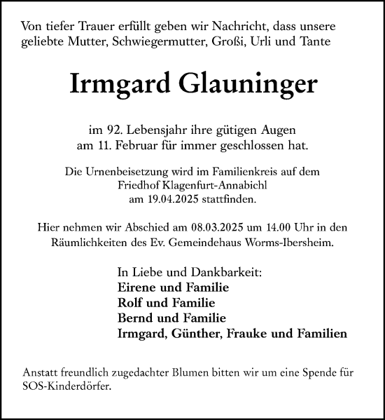 Traueranzeige von Irmgard Glauninger von Wormser Zeitung