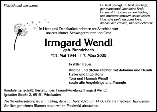 Traueranzeige von Irmgard Wendl von Wiesbadener Kurier