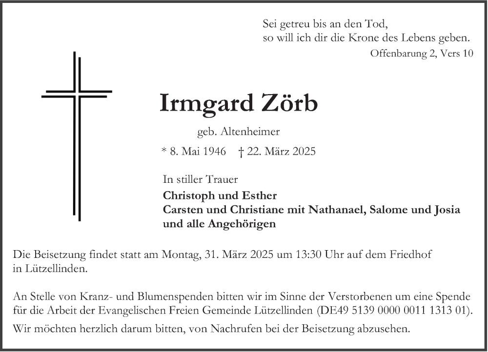  Traueranzeige für Irmgard Zörb vom 27.03.2025 aus Wetzlarer Neue Zeitung
