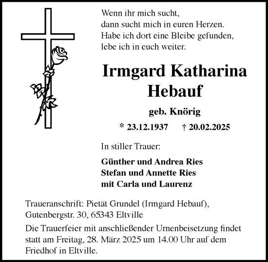 Traueranzeige von Irmgard Katharina Hebauf von Rheingau Kurier
