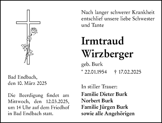 Traueranzeige von Irmtraud Wirzberger von Hinterländer Anzeiger