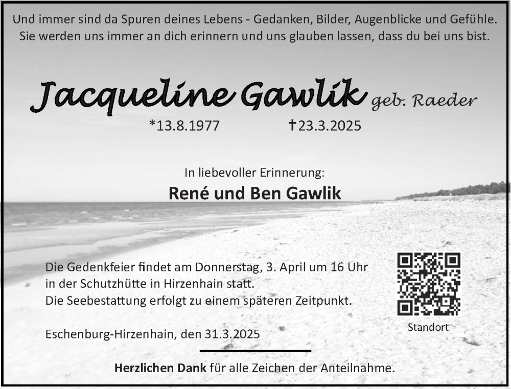  Traueranzeige für Jacqueline Gawlik vom 31.03.2025 aus Hinterländer Anzeiger