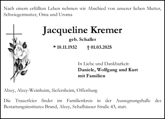 Traueranzeige von Jacqueline Kremer von Allgemeine Zeitung Alzey