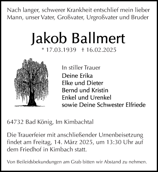 Traueranzeige von Jakob Ballmert von Odenwälder Echo