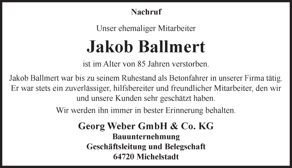  Traueranzeige für Jakob Ballmert vom 01.03.2025 aus Odenwälder Echo