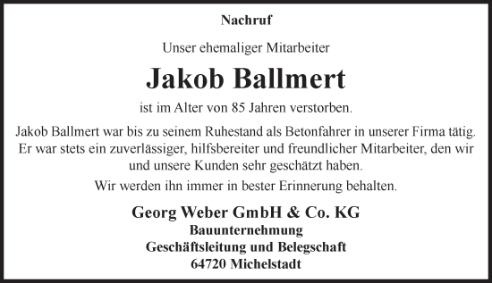 Traueranzeige von Jakob Ballmert von Odenwälder Echo