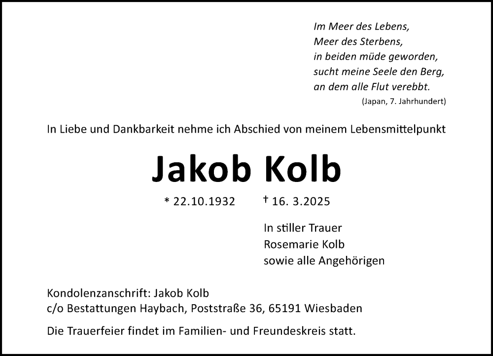  Traueranzeige für Jakob Kolb vom 29.03.2025 aus Wiesbadener Kurier