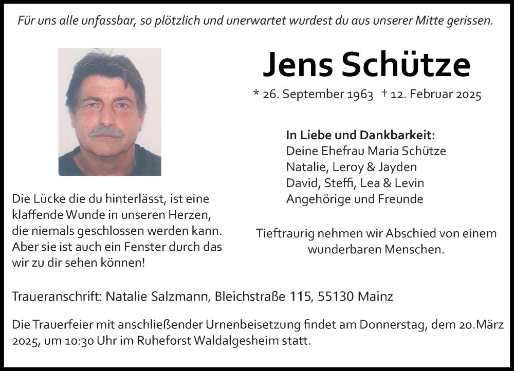  Traueranzeige für Jens Schütze vom 08.03.2025 aus Binger-/Ingelheimer Wochenblatt