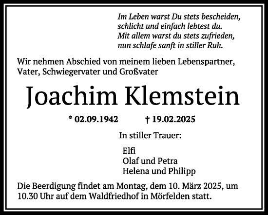 Traueranzeige von Joachim Klemstein von Groß-Gerauer Echo