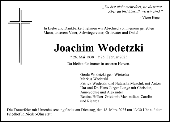 Traueranzeige von Joachim Wodetzki von Allgemeine Zeitung Mainz