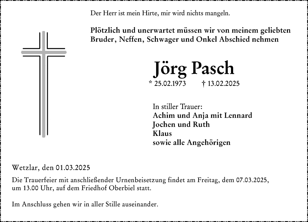  Traueranzeige für Jörg Pasch vom 01.03.2025 aus Wetzlarer Neue Zeitung