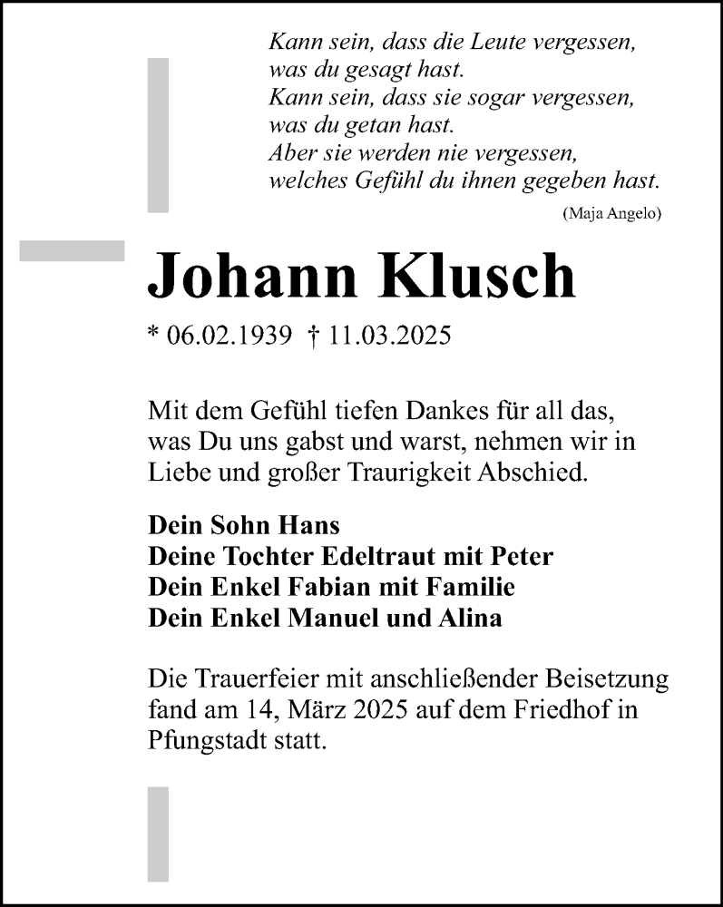  Traueranzeige für Johann Klusch vom 15.03.2025 aus Darmstädter Echo