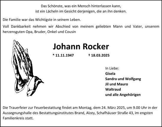 Traueranzeige von Johann Rocker von Allgemeine Zeitung Alzey