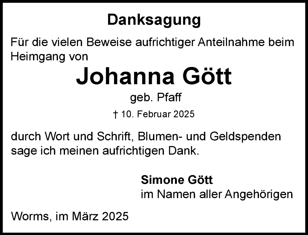  Traueranzeige für Johanna Gött vom 15.03.2025 aus Wormser Zeitung