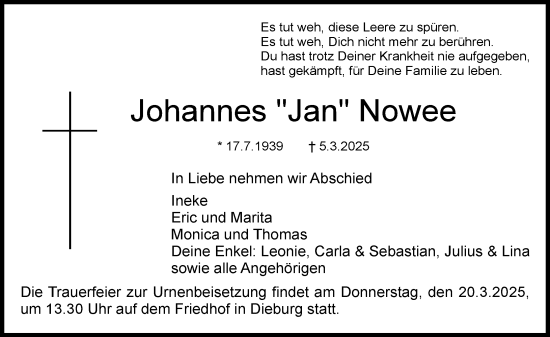 Traueranzeige von Johannes Nowee von Dieburger Anzeiger/Groß-Zimmerner Lokal-Anzeiger