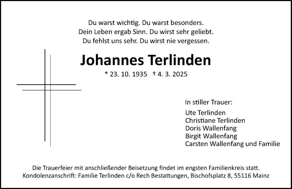  Traueranzeige für Johannes Terlinden vom 08.03.2025 aus Allgemeine Zeitung Mainz